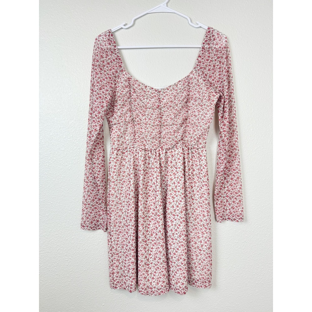 Hollister Floral Mesh Mini‎ Dress Red Pink Sheer Long Sleeve Ruched Bust Medium